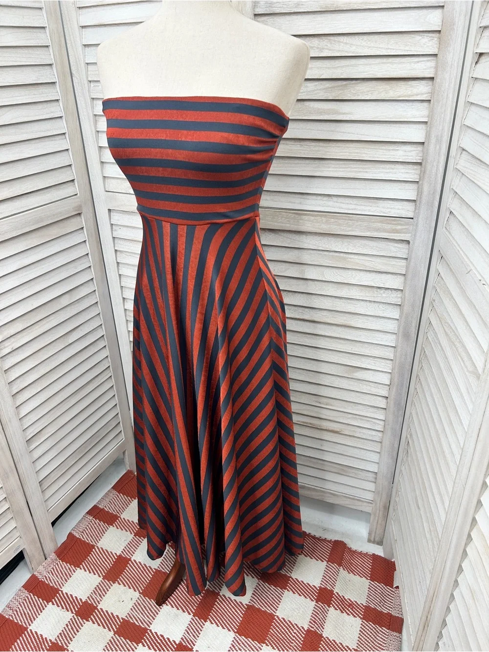Strapless A-Line Midi Dress in Rust and Navy Stripes